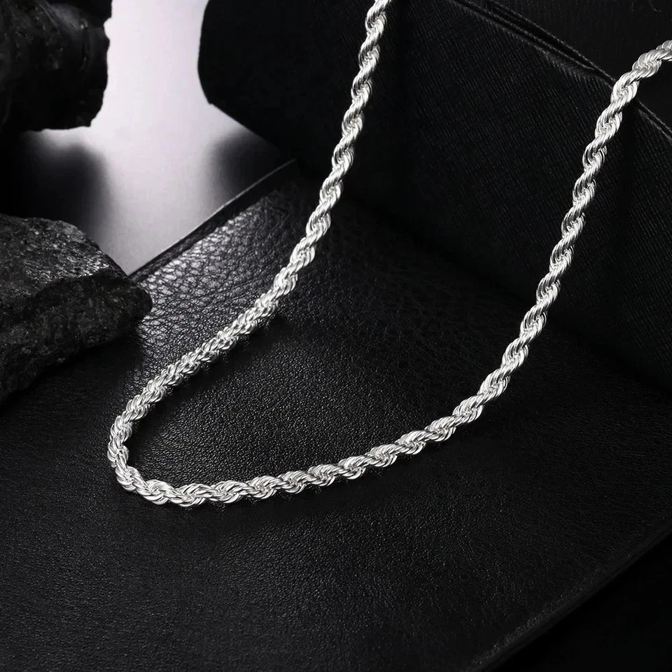 4mm Diamond Cut Solid 925 Sterling Silver Italian Rope Chain Men’s Necklace