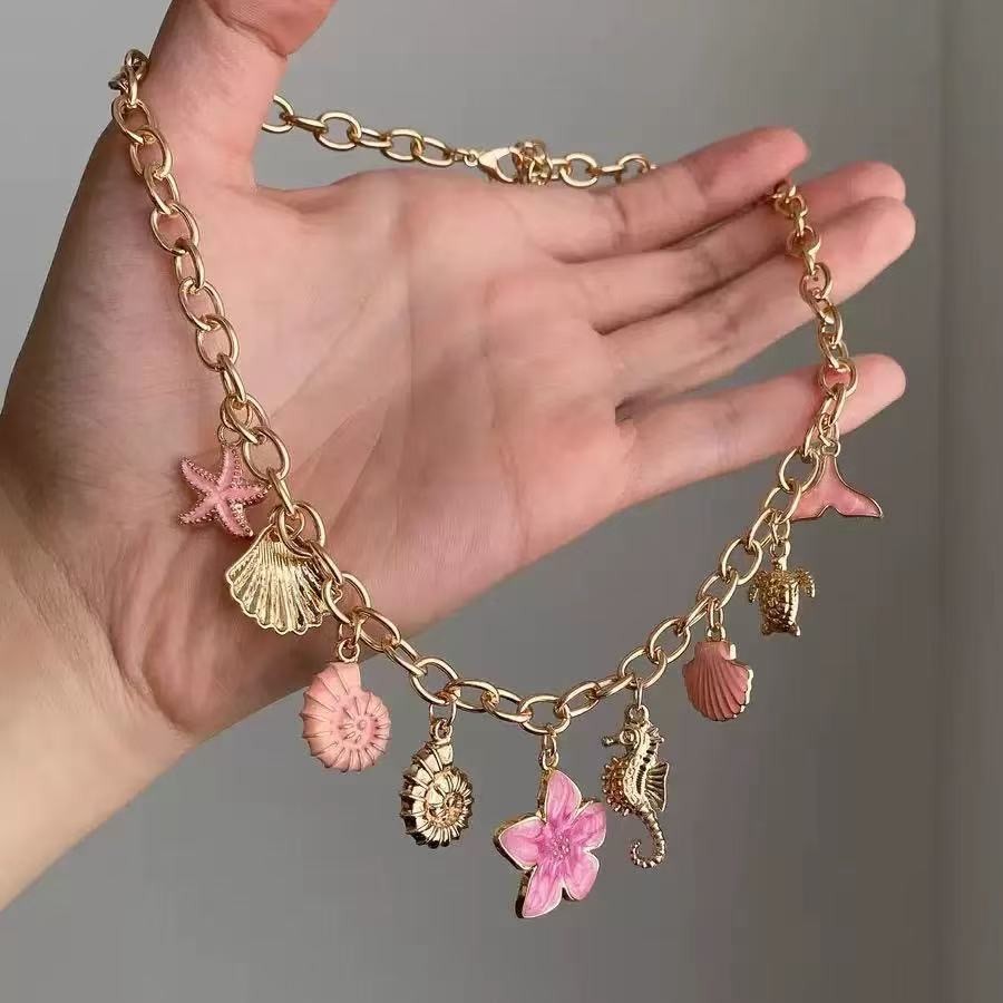 Vintage Seashell Marine Pendant Chain Necklace (Flower, Starfish, and Seashell N