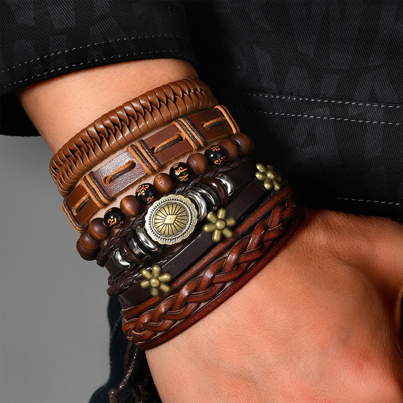 Bohemian style multi-layered leather bracelet with stacked, multi-colored beads.