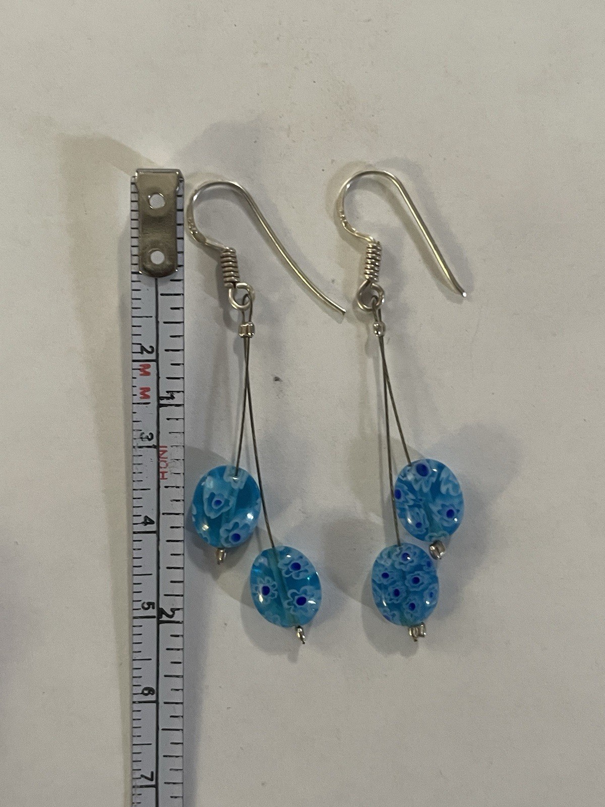 925 Sterling Silver Blue Flower Glass Earrings Dangle 2 inches, 2.79 grams