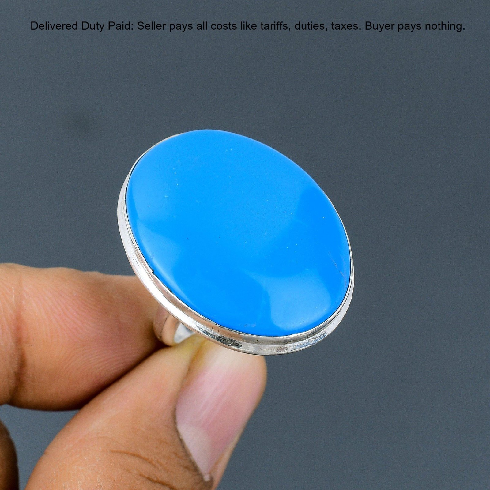 925 Sterling Silver Oval Sleeping Beauty Turquoise Stone Statement Bezel Ring