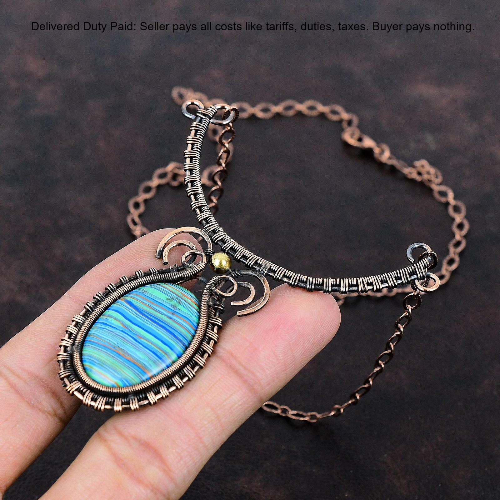 Copper Rainbow Calsilica Stone Chain Wire Wrapped Engagement Necklace Jewelry