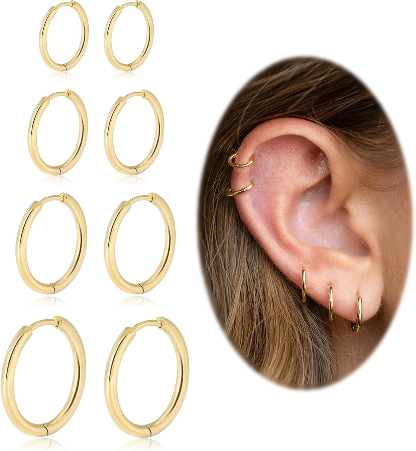 6/8/10/12Mm Small Hoop Earrings for Women Men Girls 14K Real Gold Plated Thin Go