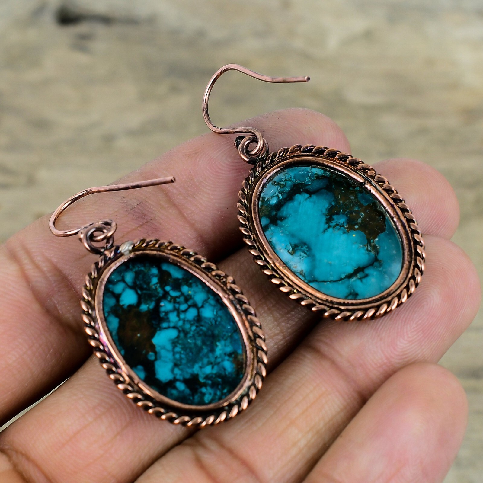 Tibetan Turquoise Electroformed Earrings Handcrafted Copper Designer 1.97″