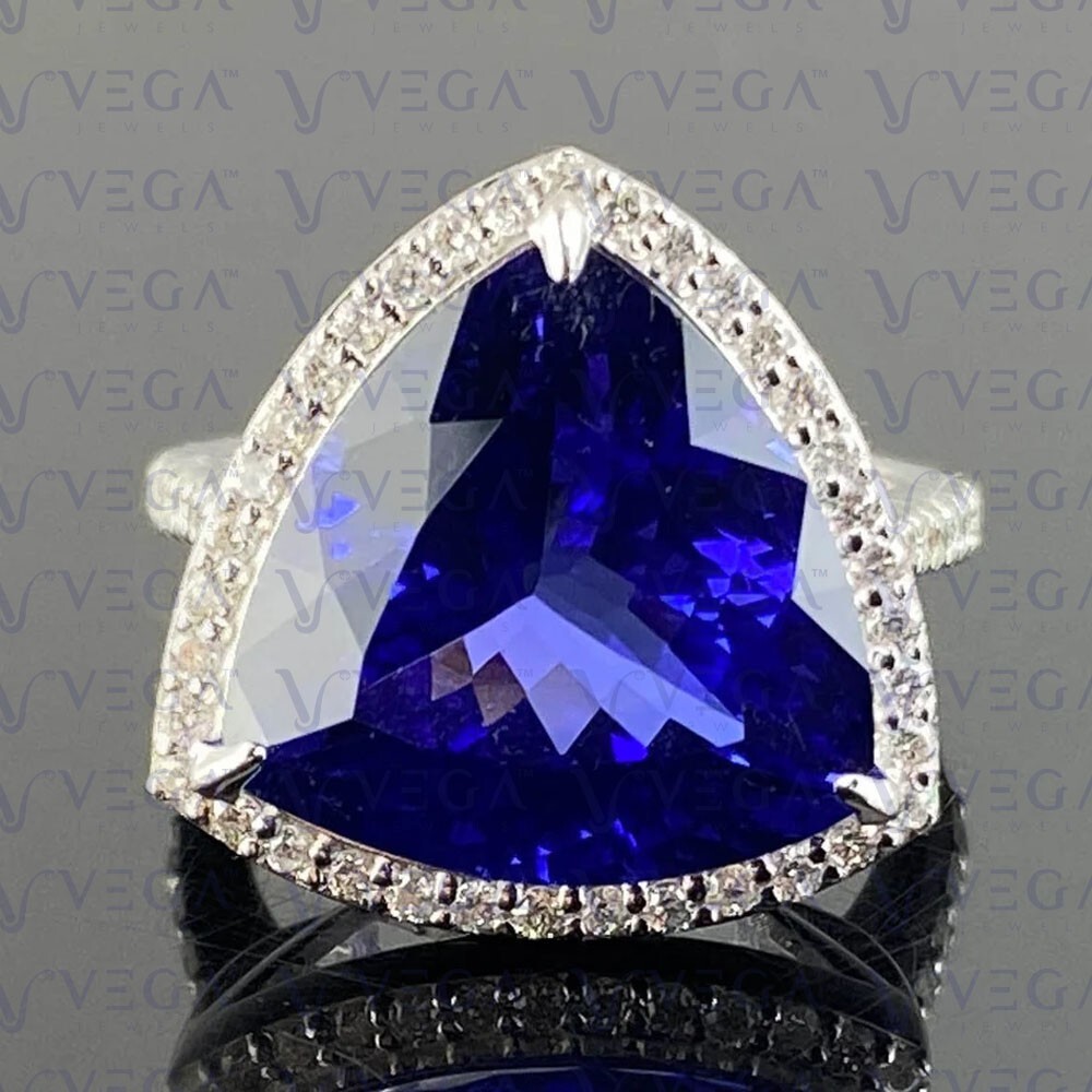 6.80Crt Trillion Cut Natural Tanzanite & Diamond 100% 14k SOLID White Gold Ring