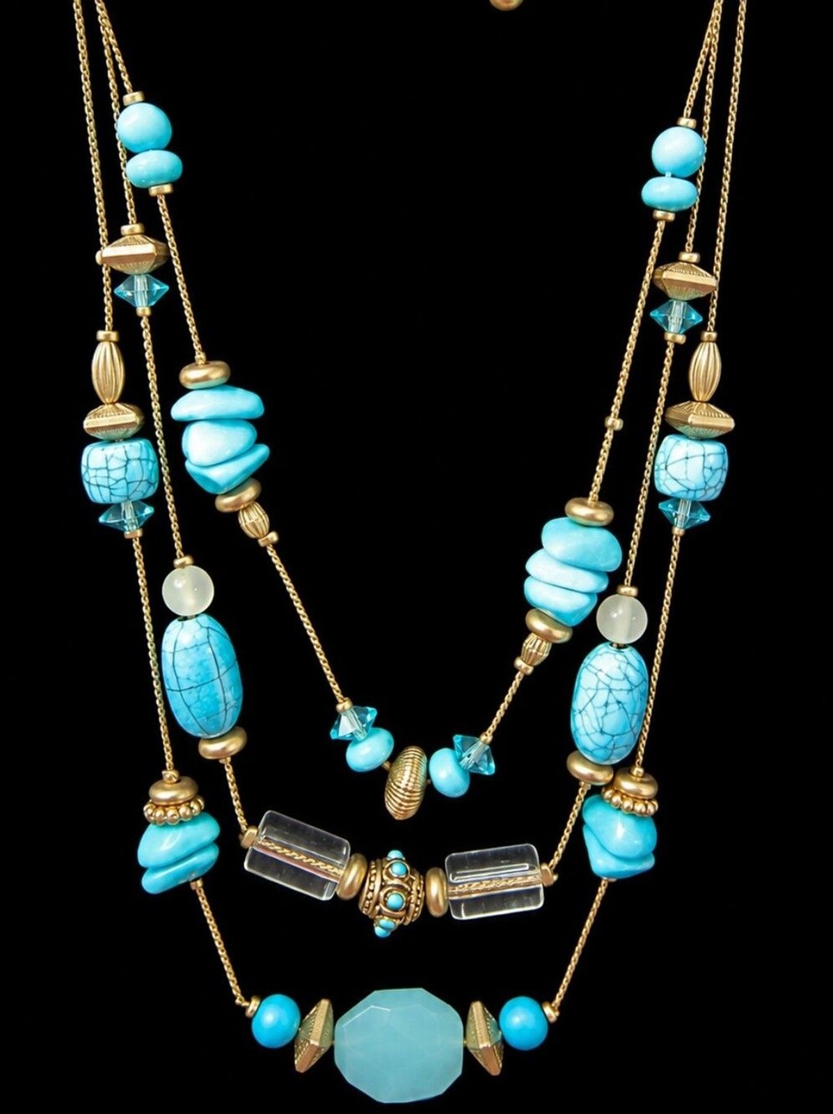 Chico’s Turquoise Layered Statement Necklace Boho Southwestern Gold Tone