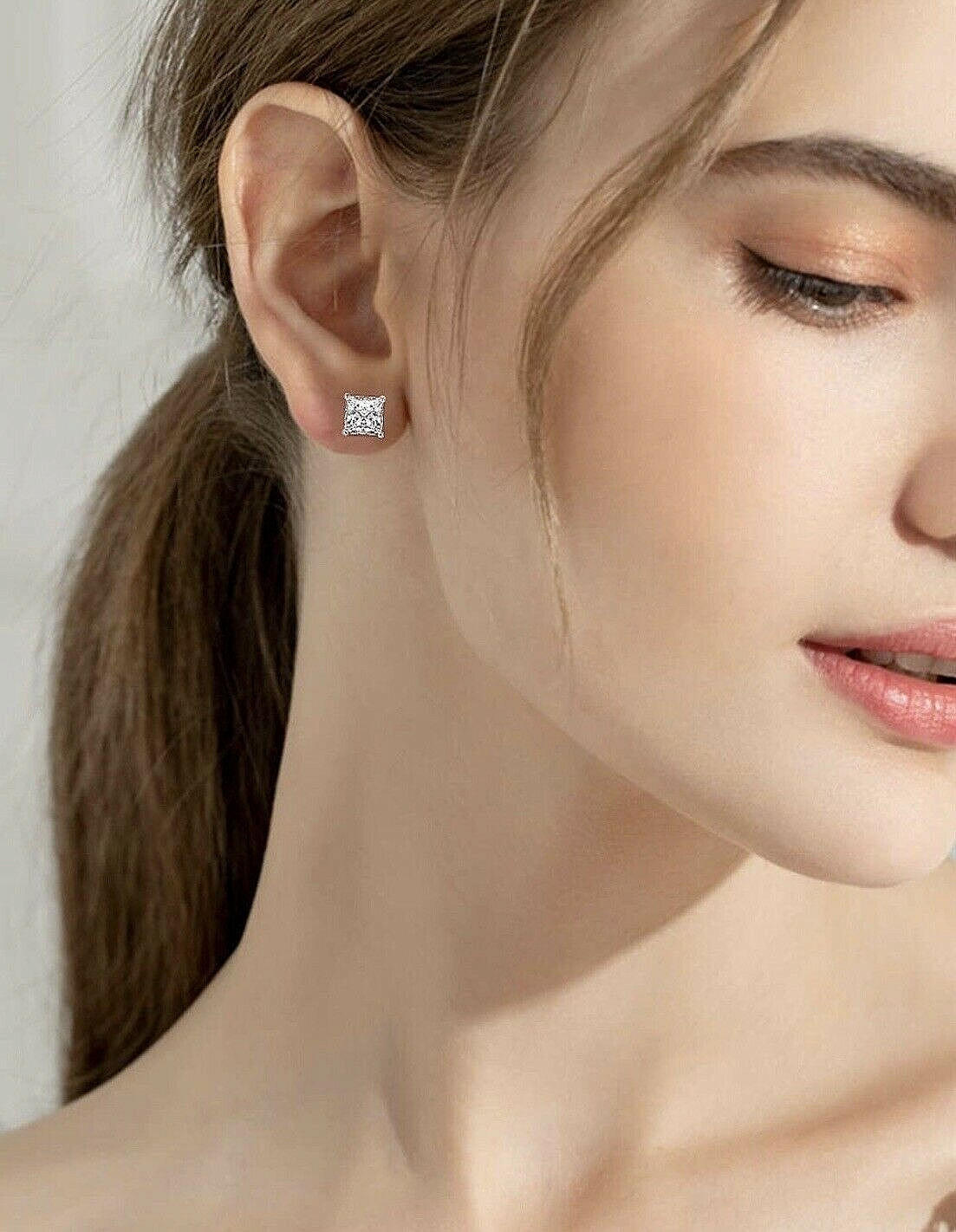 4 Ct Princess Cut VVS1/D Lab Created Studs Earrings 14K White Gold 7mmScrew Back