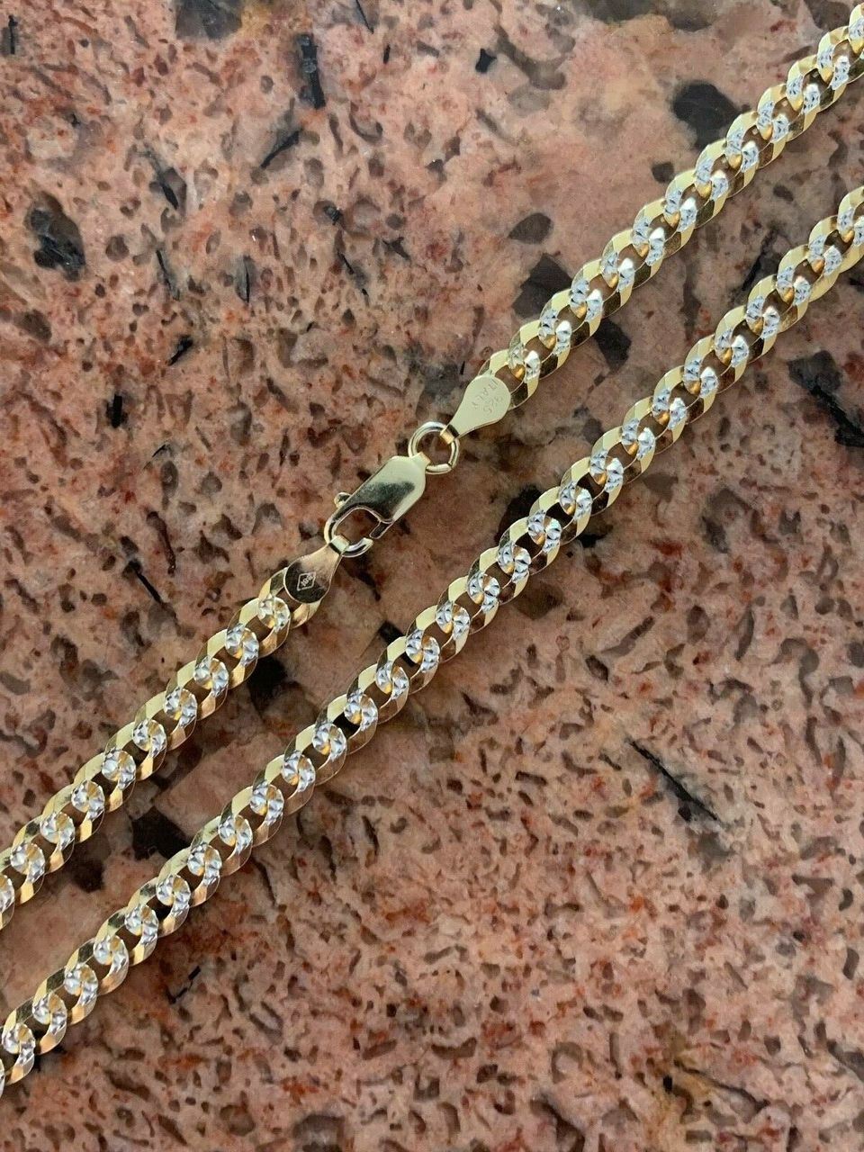 Mens Diamond Cut 5mm Cuban Chain 14k Gold Plated Solid 925 Silver Two Tone ITALY