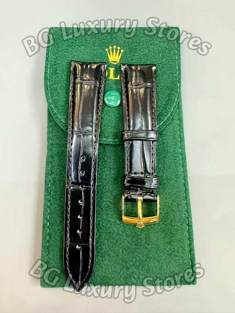 ROLEX Black Crocodile Leather Watch Strap 20-16mm Gold Buckle Vintage NOS