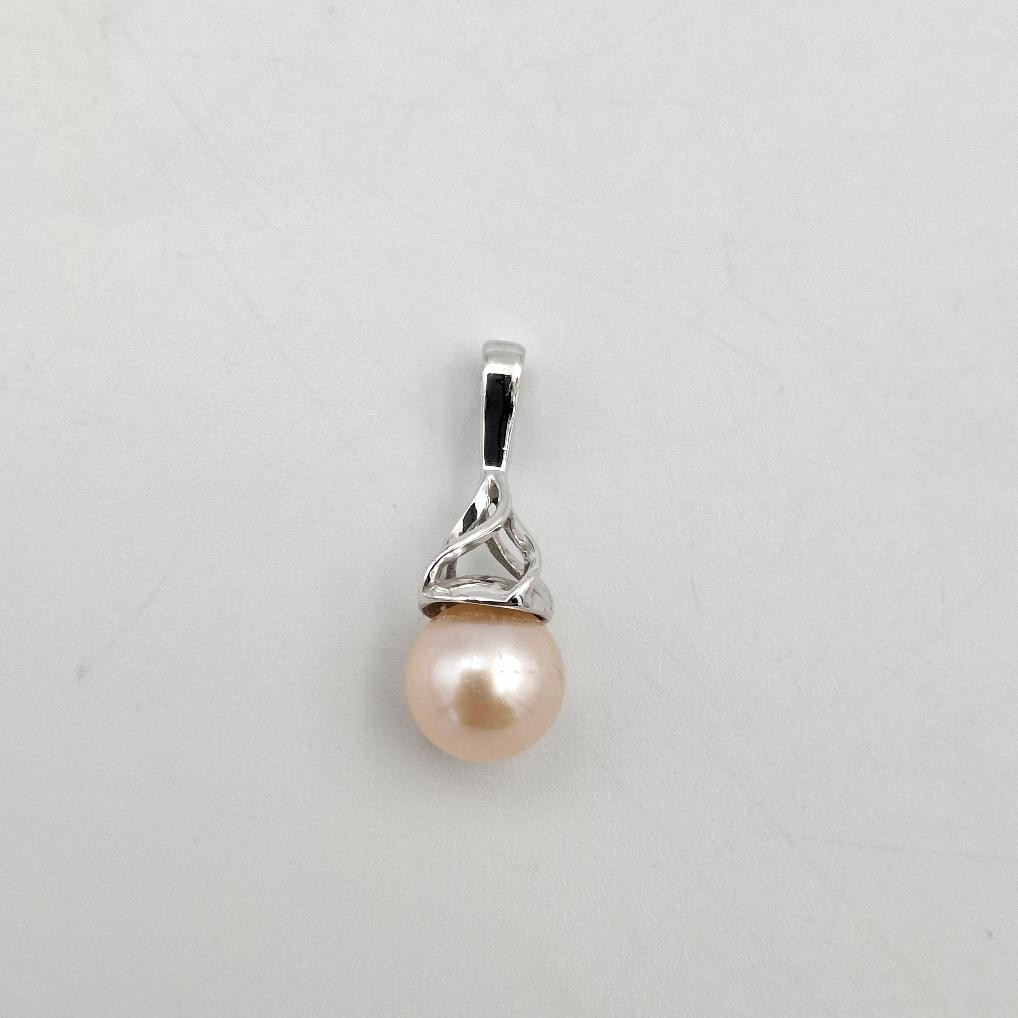 10K White Gold 7.6mm Peach/Pink Cultured Pearl Twist Cage Solitaire Pendant