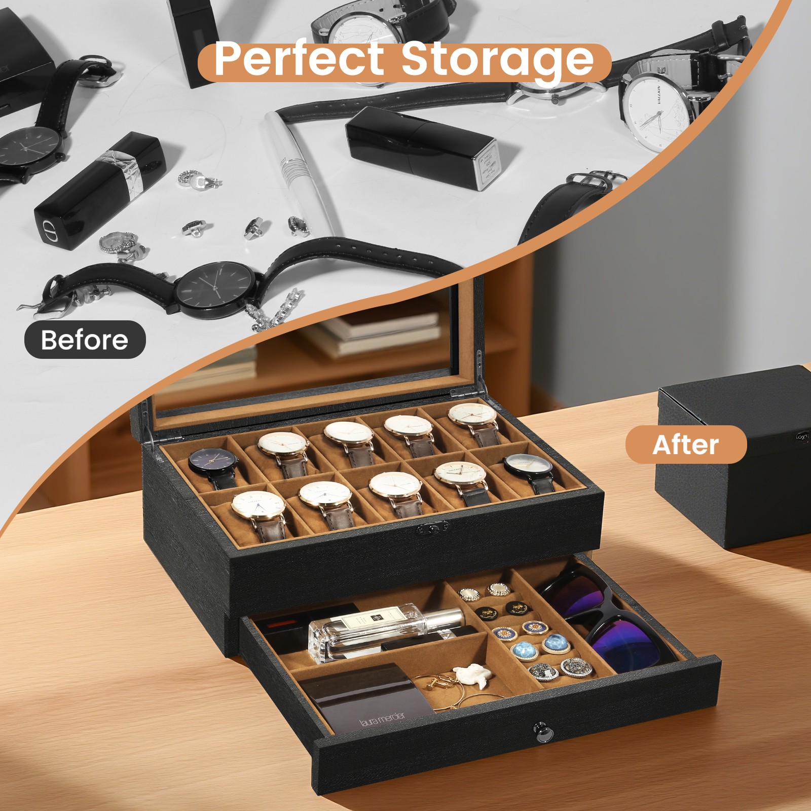 6-8-10-12 Slot Watch Box Solid Wood Watch Display Case Glass Lid Watch Holder