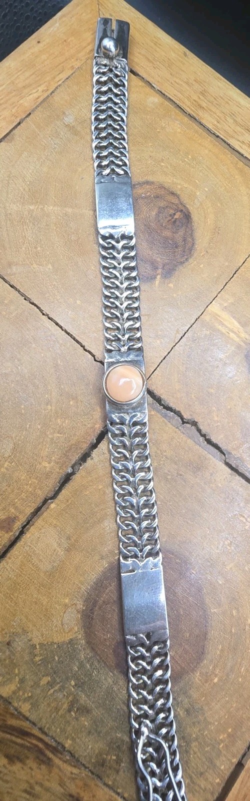 ​Vintage Peruvian 950 Silver Flat Foxtail Panel Pink Conch Shell Bracelet 7.5″