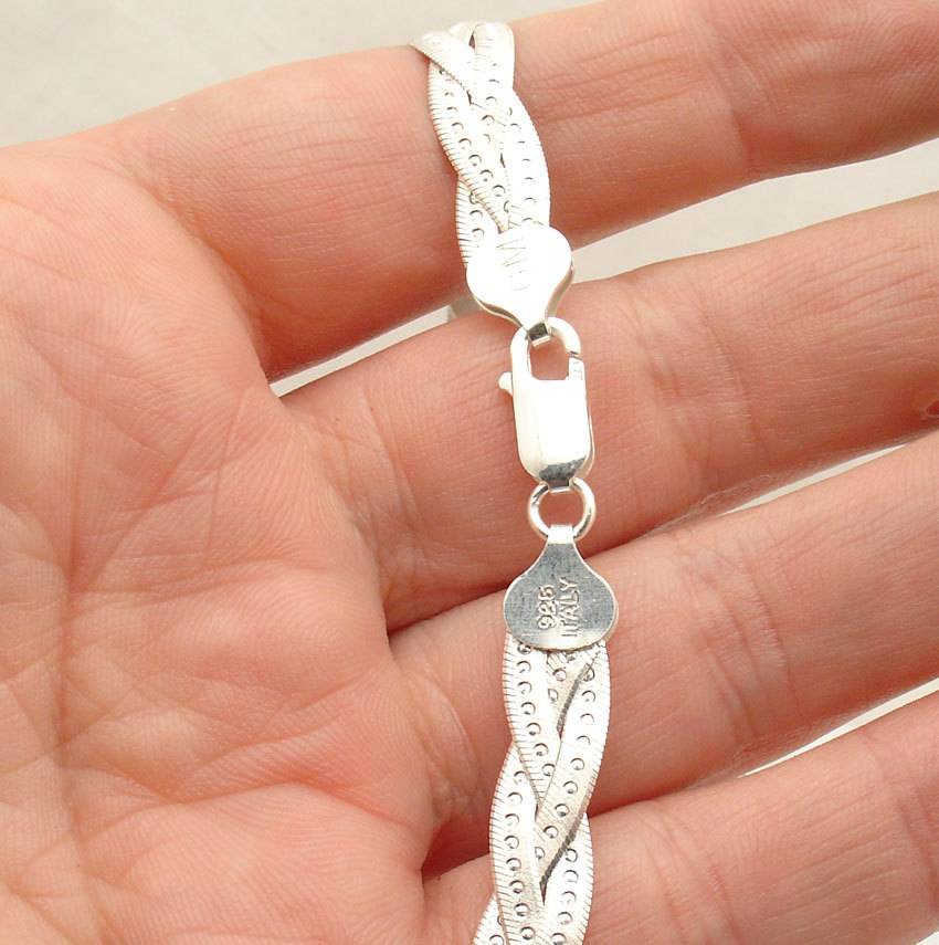 Reversible Triple Woven Herringbone Chain Necklace Solid Sterling Silver ITALY
