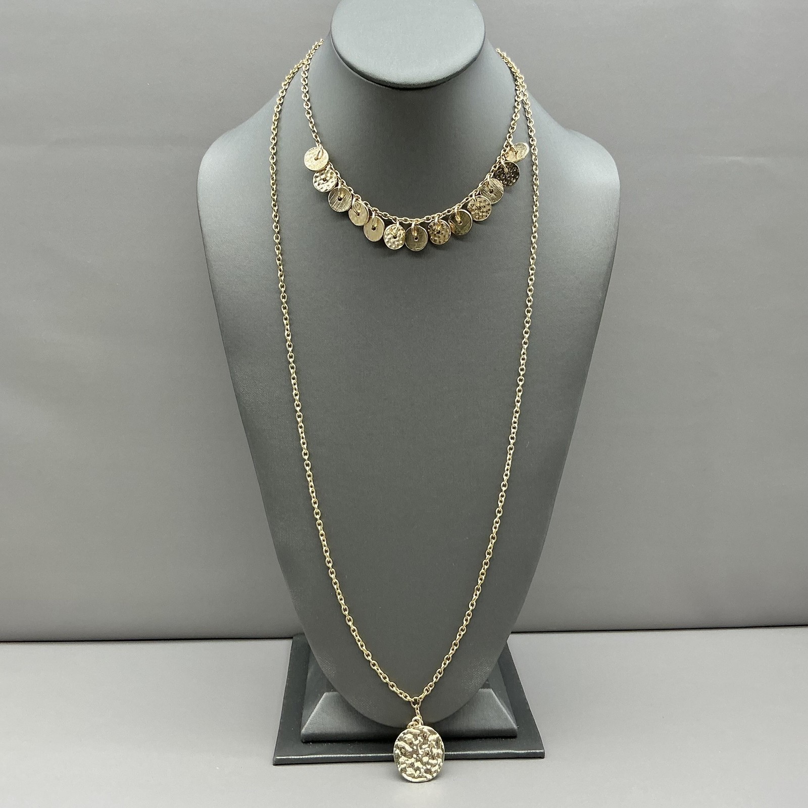 NY Necklace Gold Tone Layered Coin Disc Pendant Womens Statement Jewelry 36″