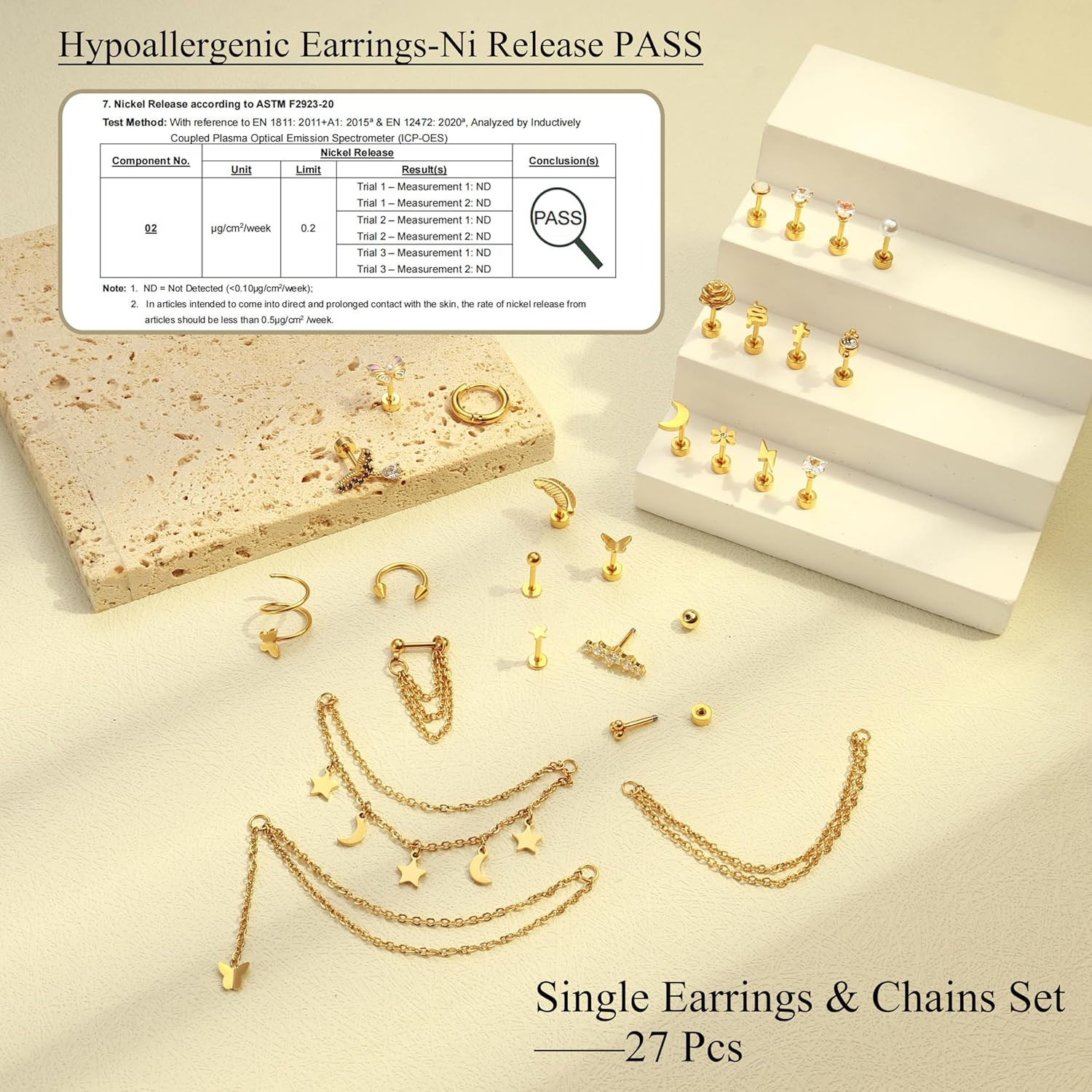 27Pcs Flat Back Earrings Hypoallergenic Surgical Steel Stud Earring Stacks Set D
