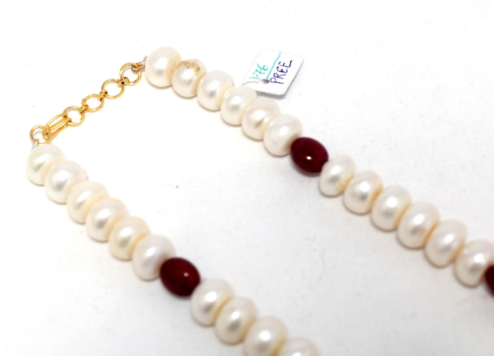 Designer Necklace Strand Ruby Manik Bead Gem Stone & Freshwater Pearl E977