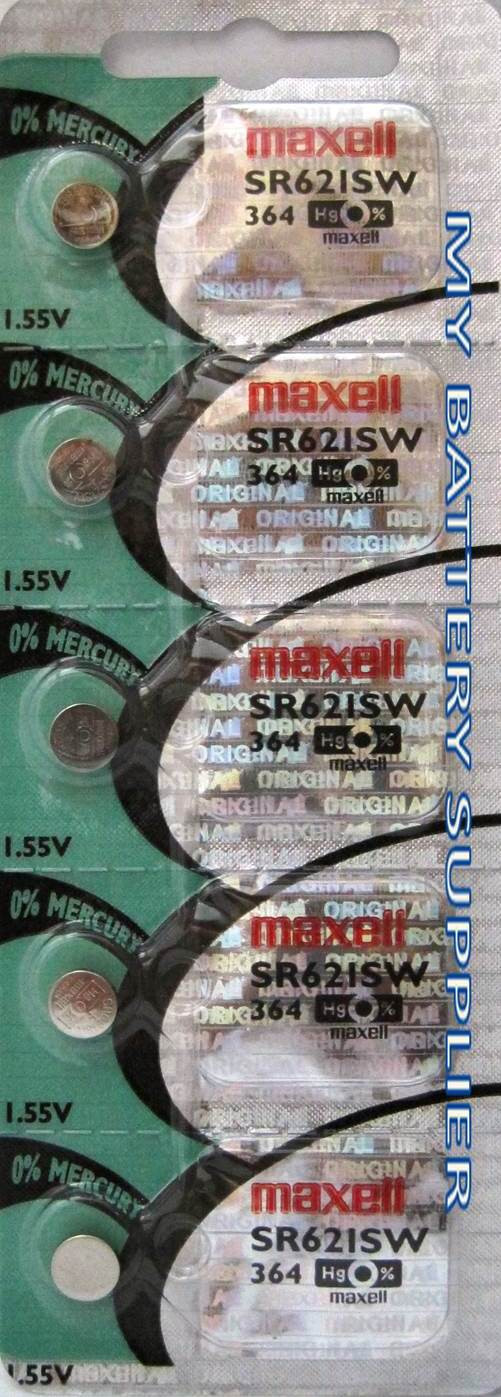 FIVE (5) MAXELL SR621SW 364 WATCH BATTERY SILVER OXIDE