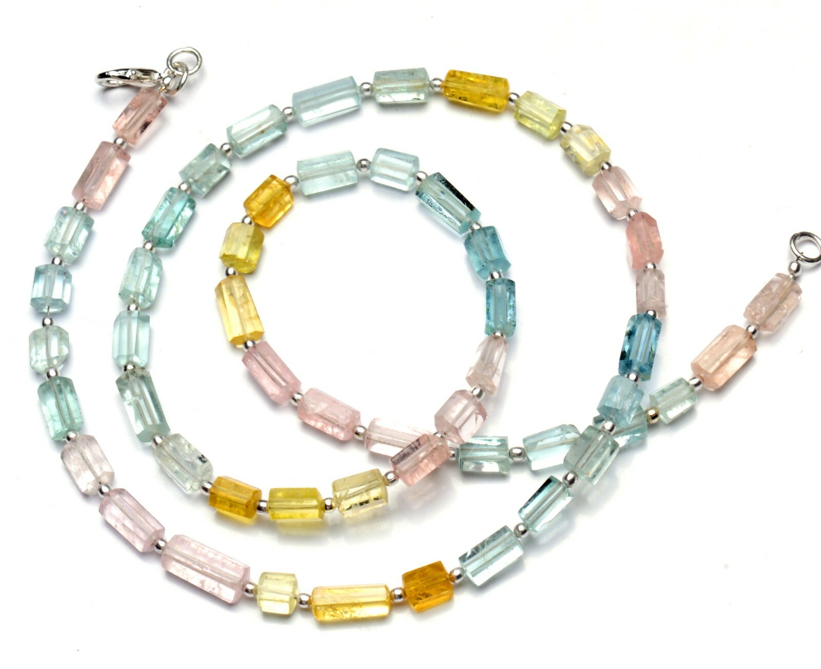 Natural Gem Multi color Aquamarine Faceted Nugget Beads Necklace 22″ 112Cts.