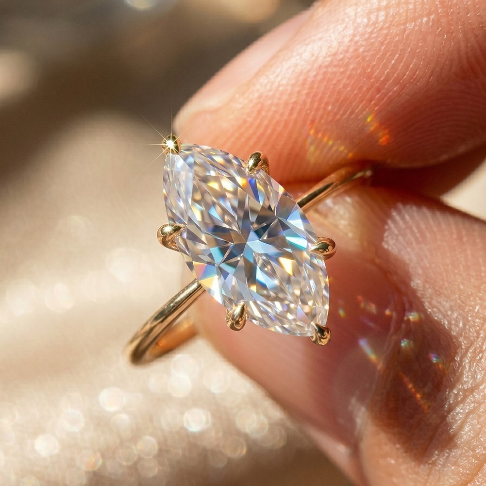 Moissanite Engagement Ring 3CT Marquise 14K Gold Plated Adjustable D-Color VVS