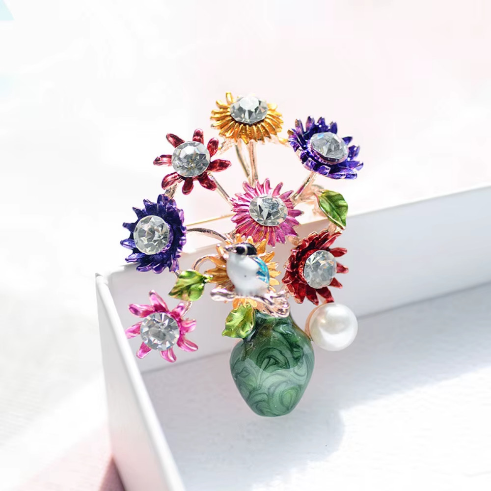 Sparkly Crystal Rhinestone Flower Basket Brooch Bird Gold Pin Mother’s Day Gift