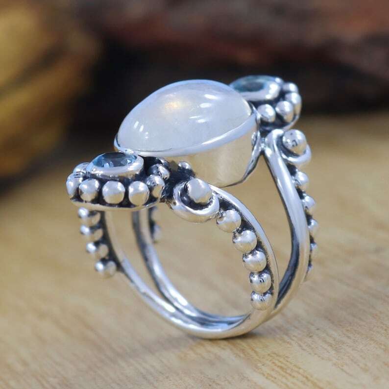 Moonstone & Aquamarine Ring 925 Sterling Silver Ring Gemstone Ring Women’s Ring