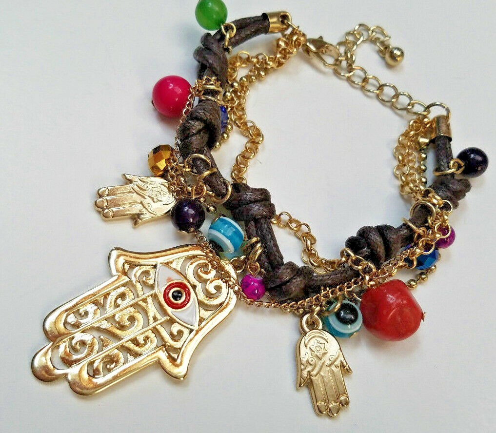 GIRLY Good Luck Protection BIG HAMSA HAND EVIL EYE BEADS CHARM FASHION BRACELET