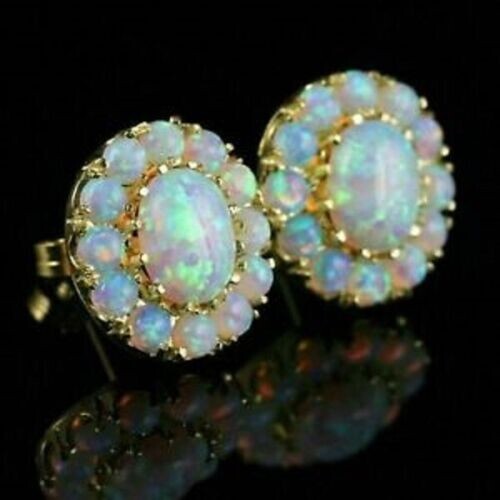 5Ct Oval Fire Opal Flower Push Back Diamond Stud Earrings 14k Yellow Gold Finish