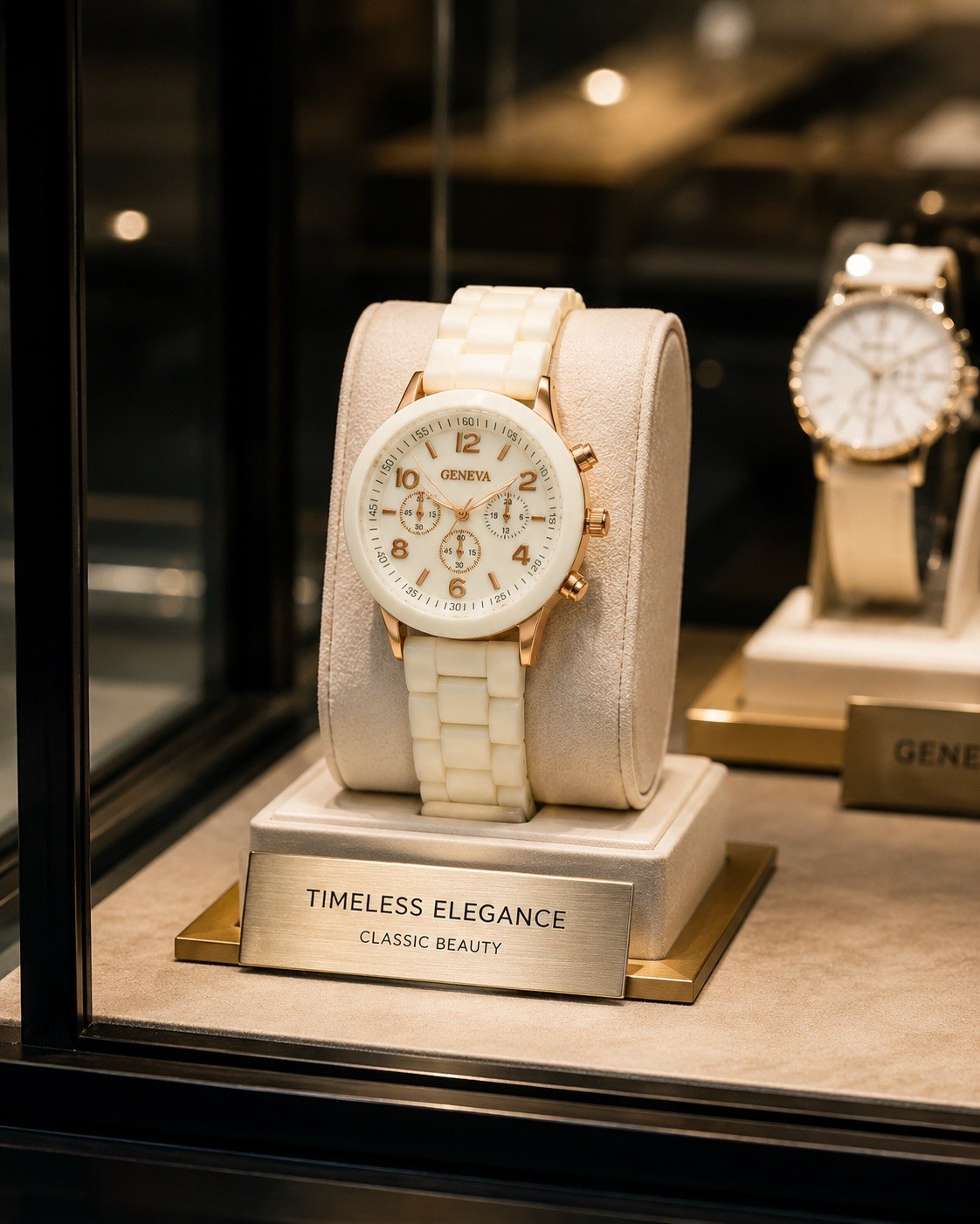 Stylish Geneva Unisex Fashion Watch – Cream White & Gold Tone