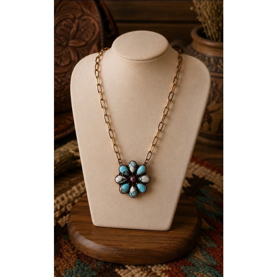 Copper & Turquoise w Cotton Candy Cluster set in Copper 18″