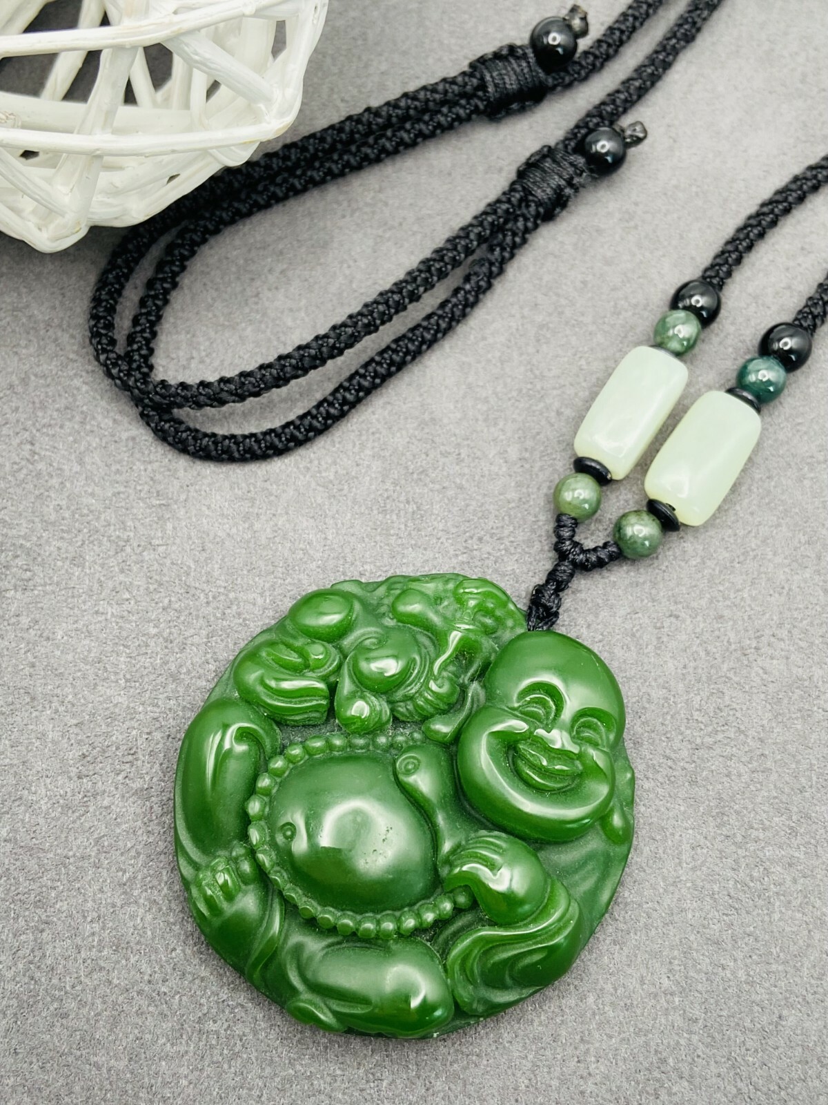 Jade Buddha Charm Pendant Necklace W/ Beads Cord Chain Handmade Carved Gemstone