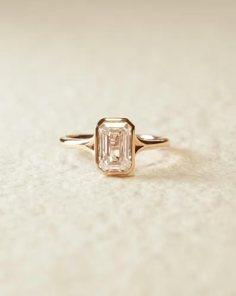 2Ct Emerald Real Moissanite Bezel Engagement Ring 14k Yellow Gold Plated