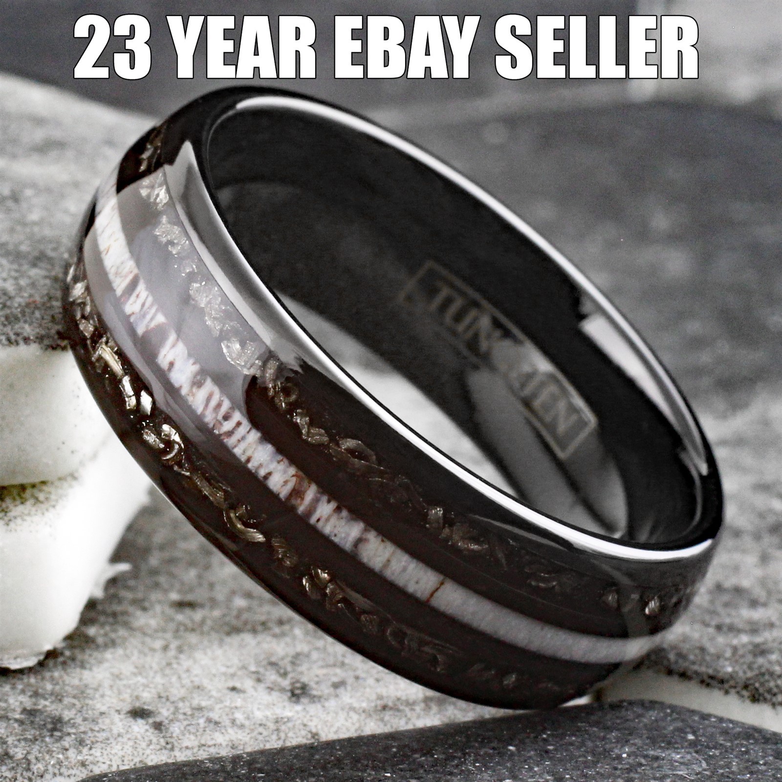 Black Tungsten Carbide Men’s Ring w/ Deer Antler & Meteorite Wedding Band