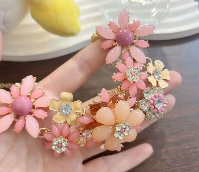 Statement Flower Collar Necklace with Gold and Pink Gemstone Beads Jewelry