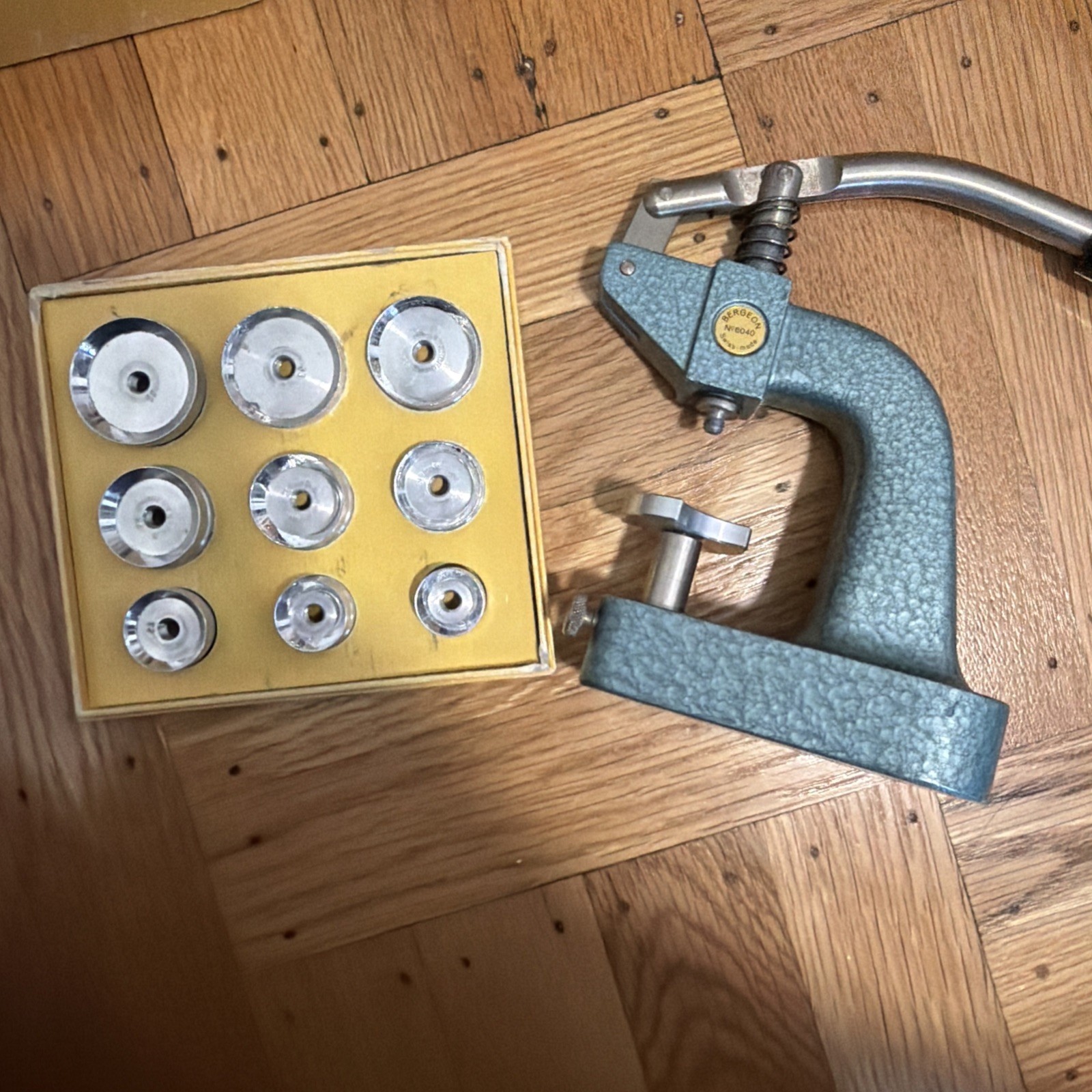 Vintage Swiss Bergeon 6040 Boxed Crystal Inserting Tool Press w/Duralumin Dies