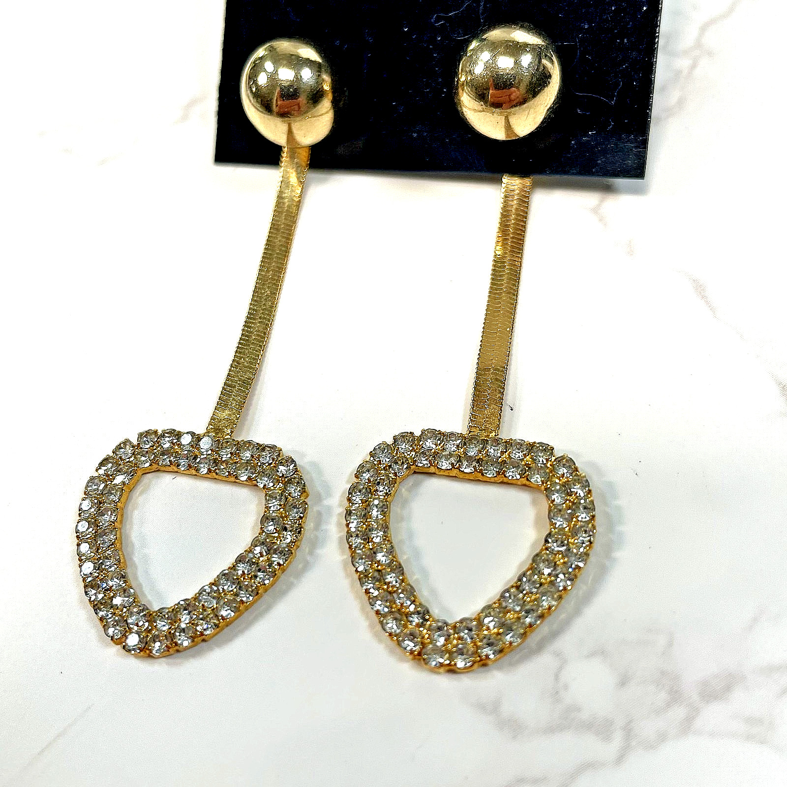 Gold Tone Herringbone Chain Drop Earrings Pave Rhinestone Open Heart Ball Stud