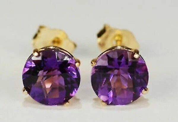 2Ct Round Cut Amethyst Solitaire Push Back Stud Earrings 14K Yellow Gold Finish