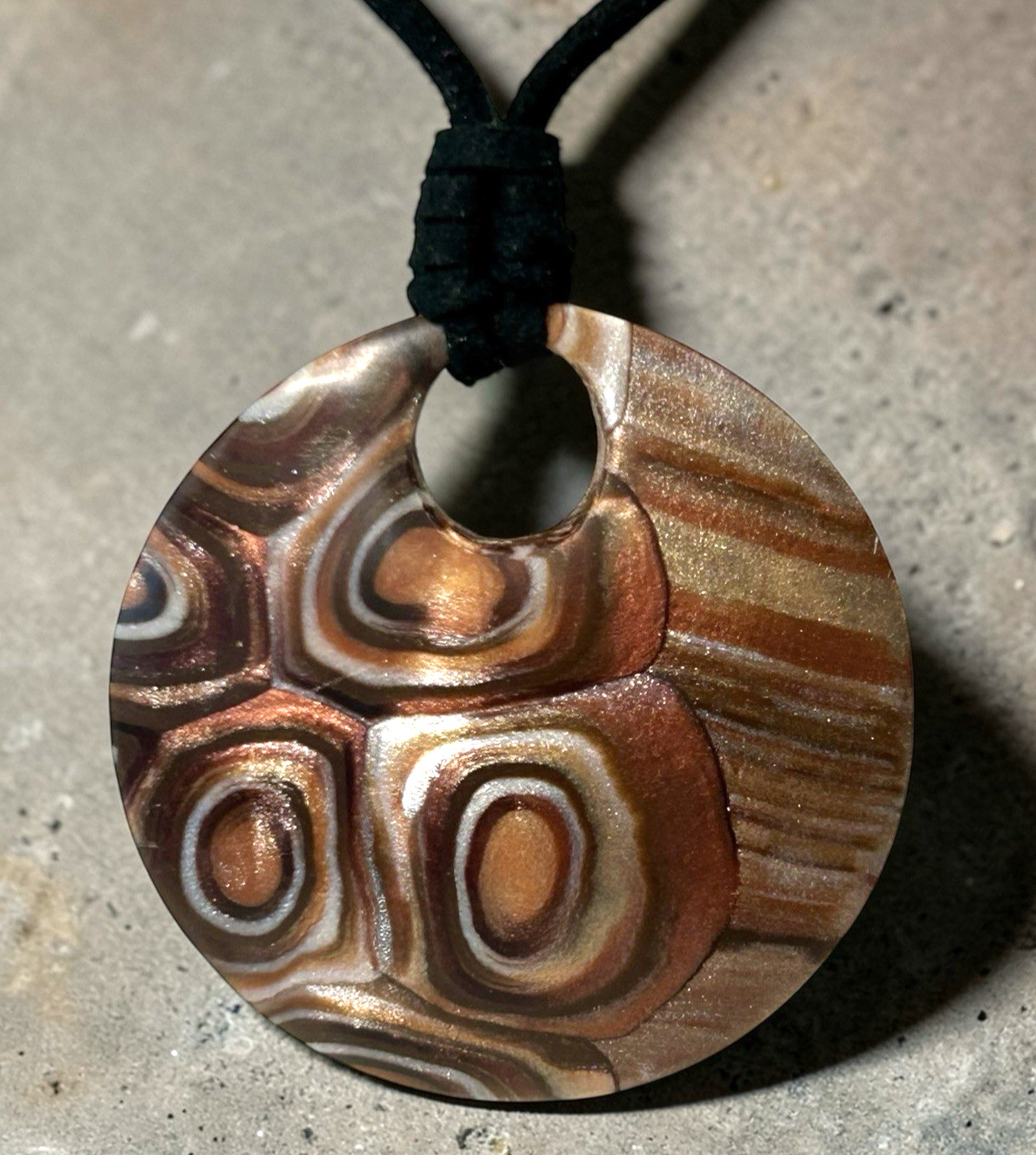 Handmade Metallic Copper & Bronze Polymer Clay Pendant Necklace on Black Cord SS
