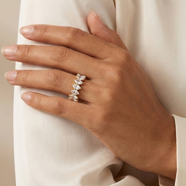 Adjustable 18K Gold Plated Stainless Steel Ring with Marquise-cut CZ, Waterproof