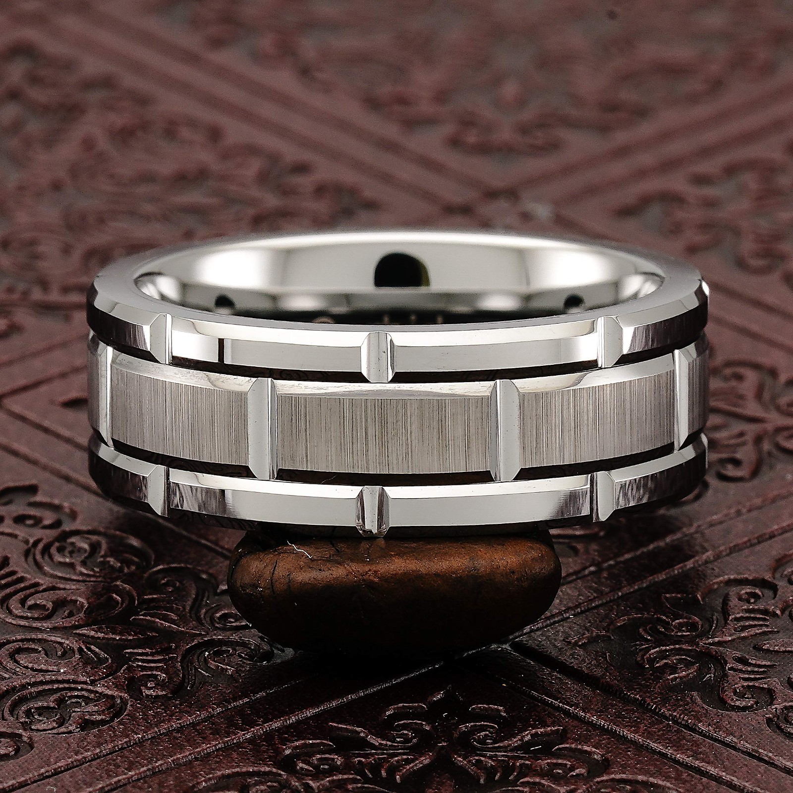 Tungsten Wedding Band for Men, Silver Brick Pattern, Brushed Finish, Size 6-16