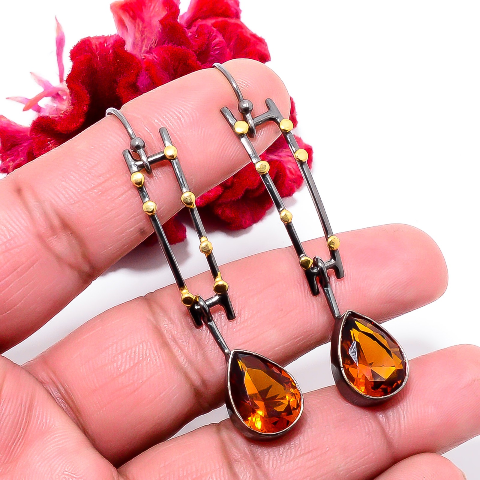 Golden Quartz 925 Sterling Silver Black And Gold Rhodium Plated Earring 2.34 S34