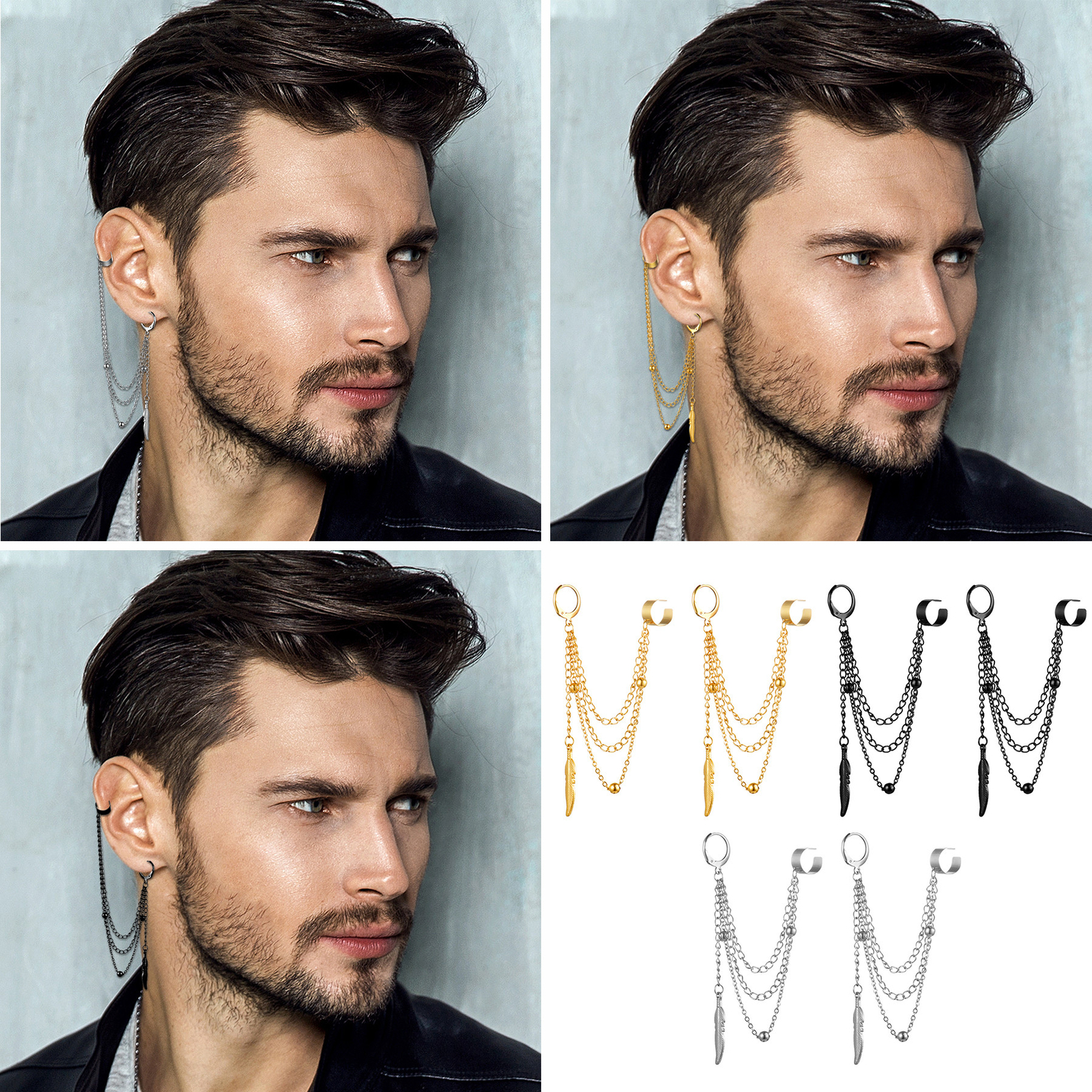 Punk Clip On Stainless Steel Feather Chain Tassel Dangle Ear Cuff Wrap Earrings