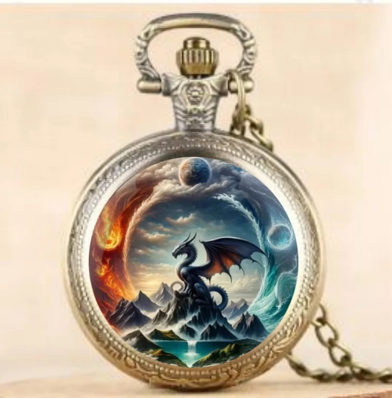 Multi Color Dragon Animal Design Antique Necklace Pendant Quartz Pocket Watch