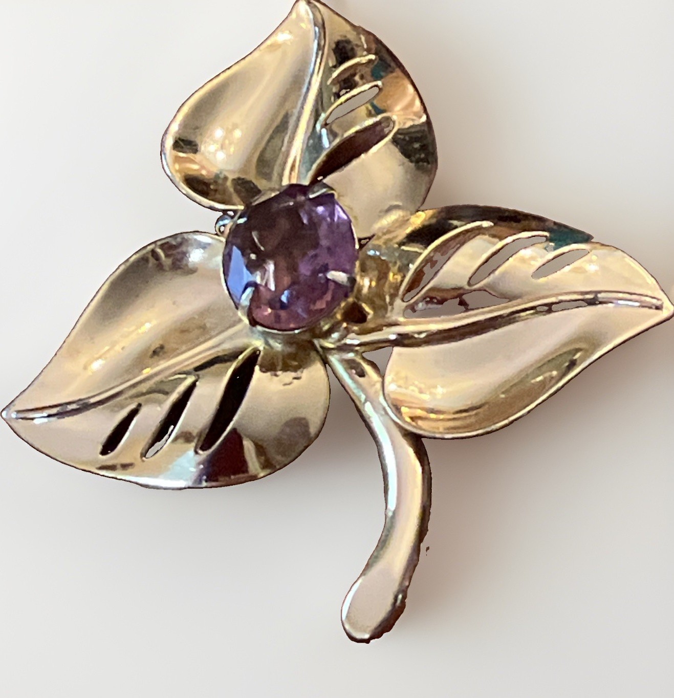 Vintage signed CORO Sterling Gold Vermeil Purple Amethyst Glass Rhinestone PIN