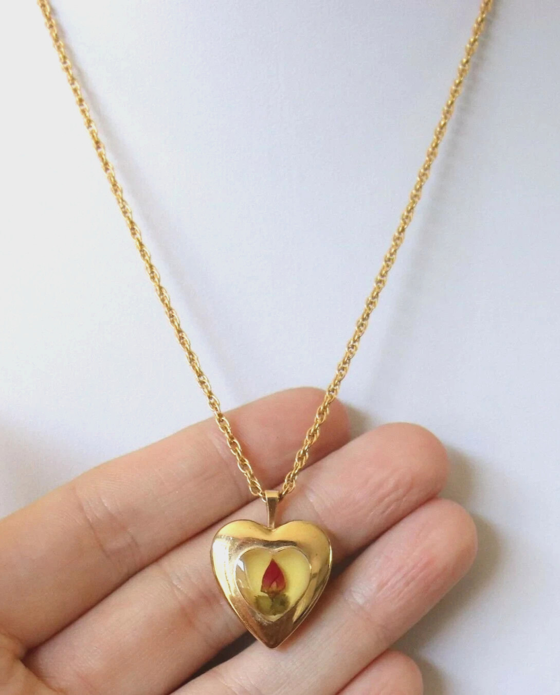 Vintage 14K GF Real Rosebud Heart Locket PPC USA 12K GF Chain 1960-70s See Video