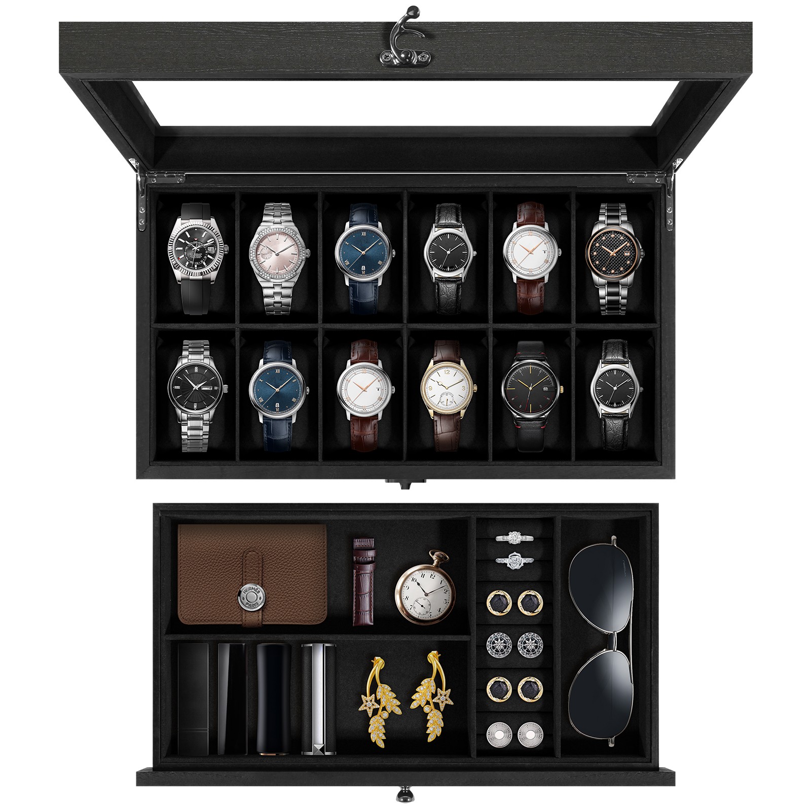 12 Slots Watch Box Organizer Solid Wood Glass Lid Watch Case Jewelry Display Box