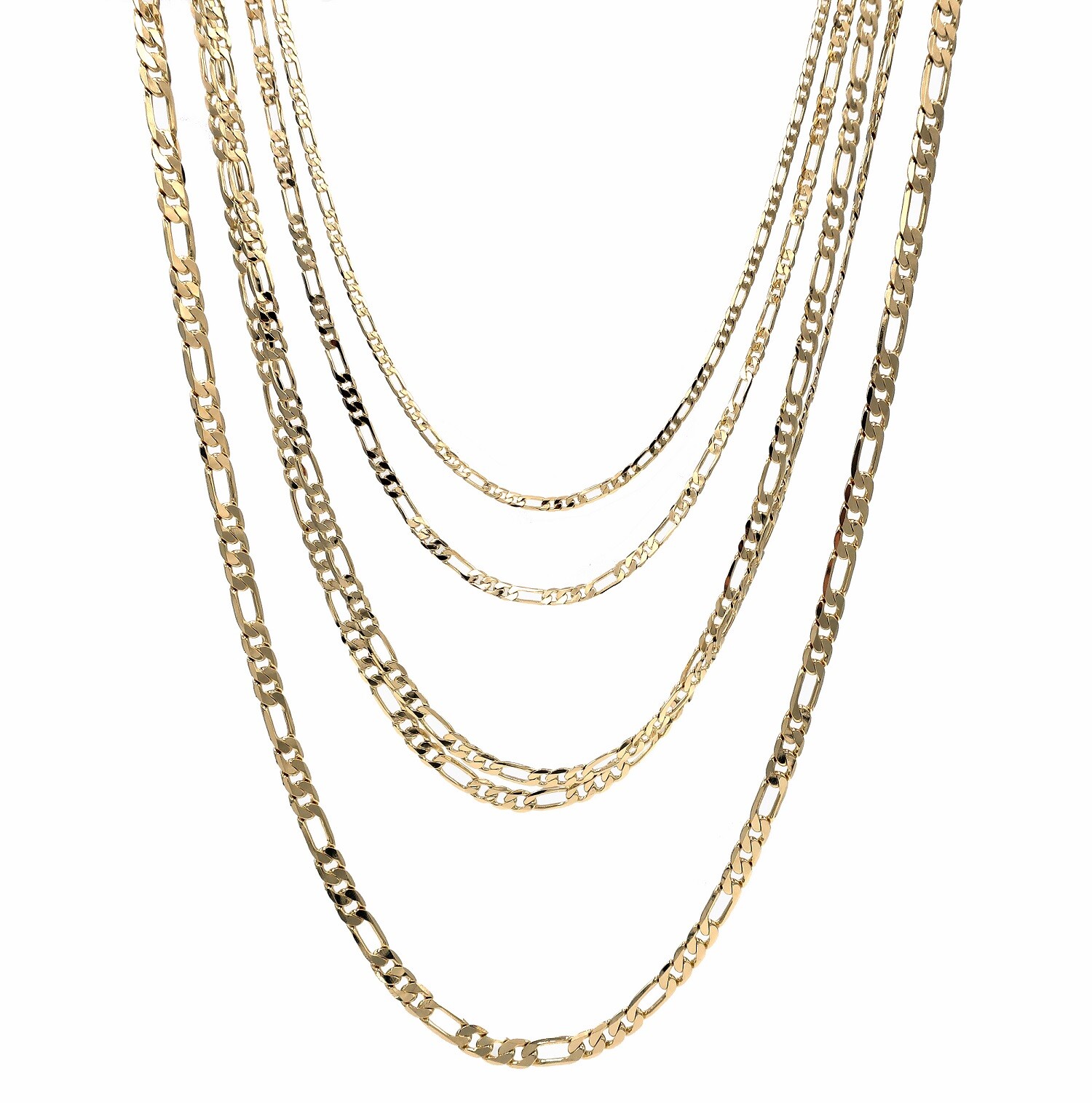Italian Figaro Link Chain Necklace Bracelet 3mm to 6.5mm 14K Gold Plated