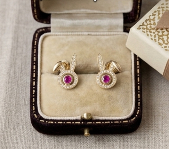 2ct Round simulated Ruby/Diamond Bunny Face Stud Earrings 14k Yellow Gold Plated