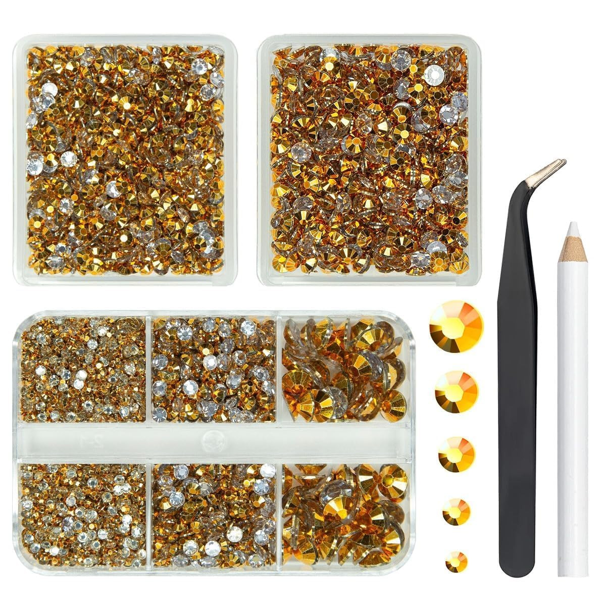 3 Boxes 5070PCS Golden Yellow Resin Rhinestones 2Mm 3Mm 4Mm 5Mm 6Mm Crystal Gold