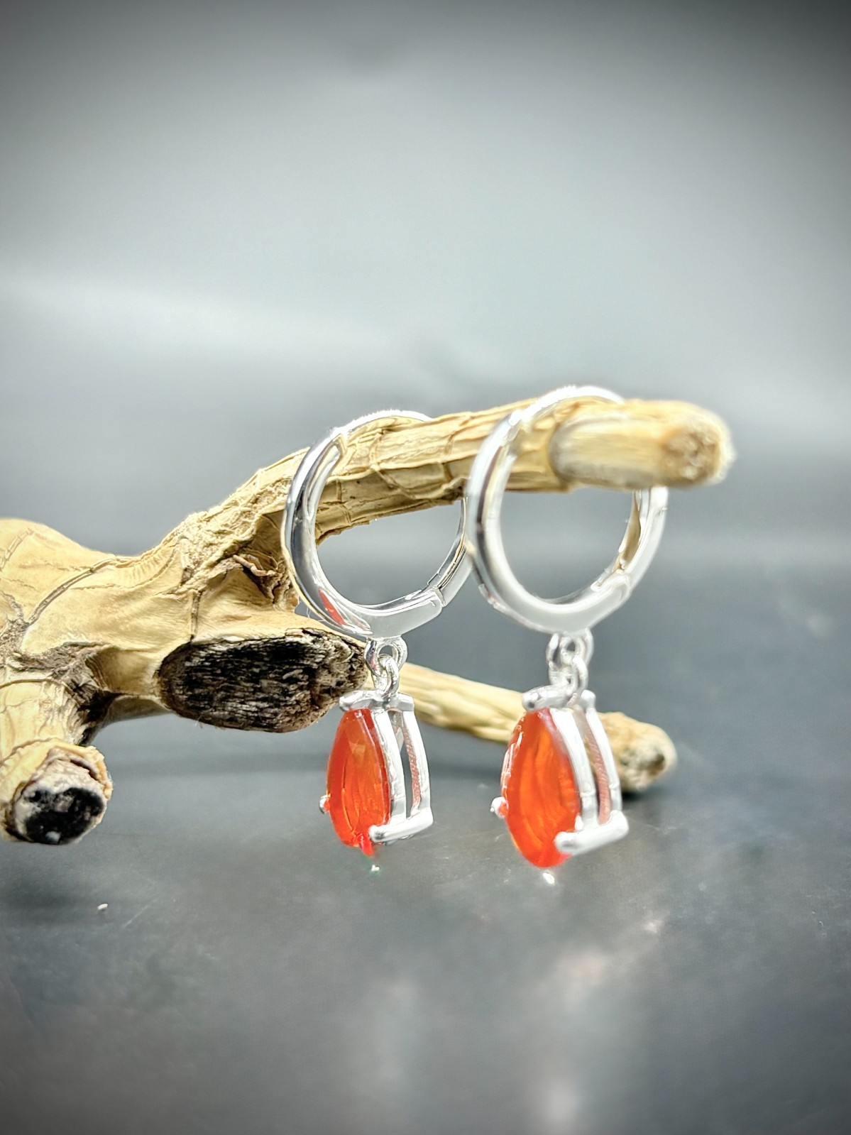 Mexican Fire Opal Dangle Earrings in Sterling Silver | Pear Cut 9x6mm, 1.41 CTS