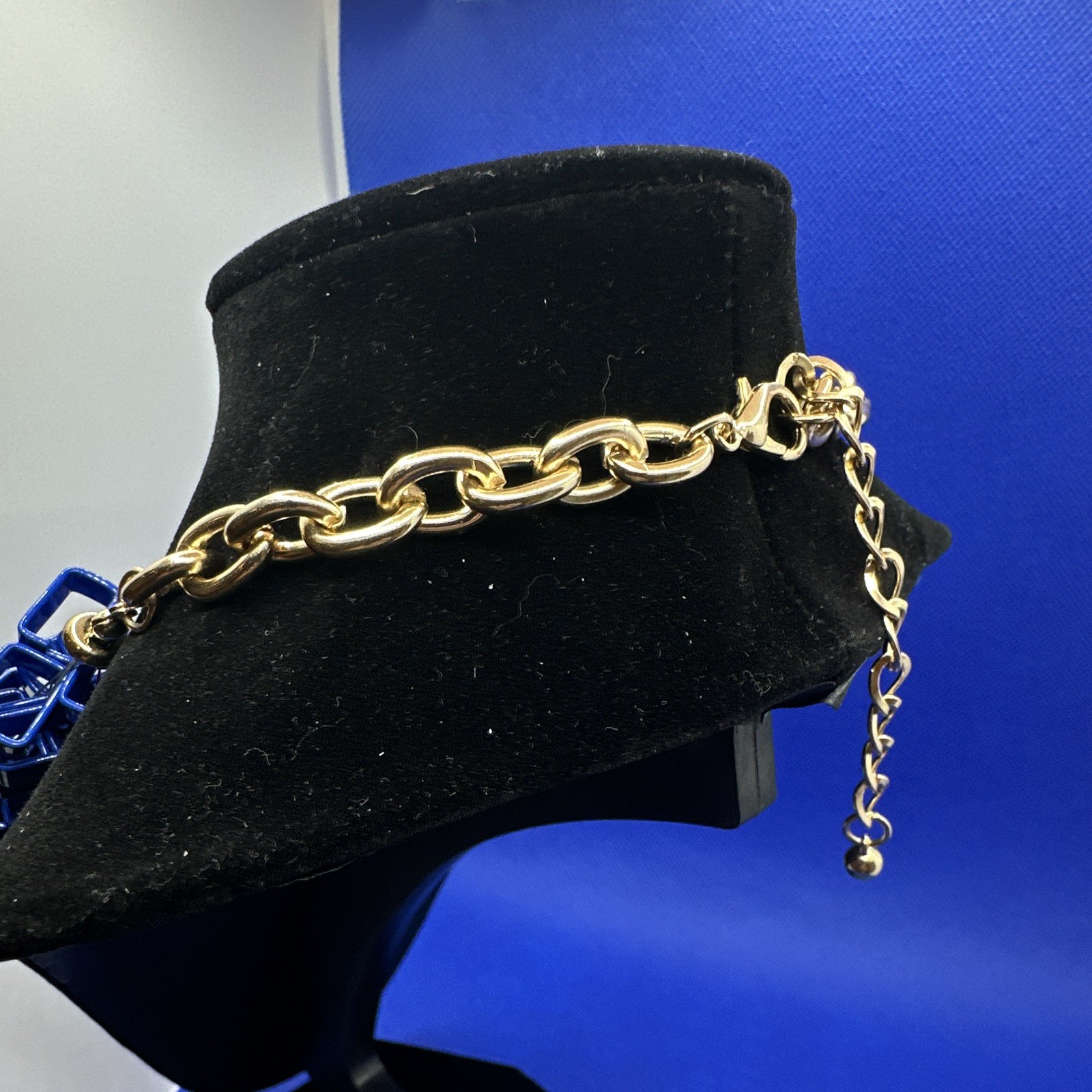 Blue Plastic Statement Chain Necklace, Gold Tone Oval Link, Adjustable
